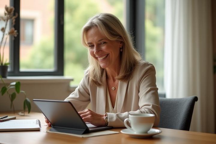 Woman thoughtfully planning wellness goals on a tablet