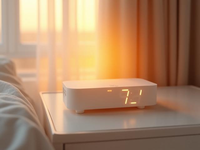 A sleek white sunrise alarm clock glowing softly on a bedside table, simulating a natural dawn.
