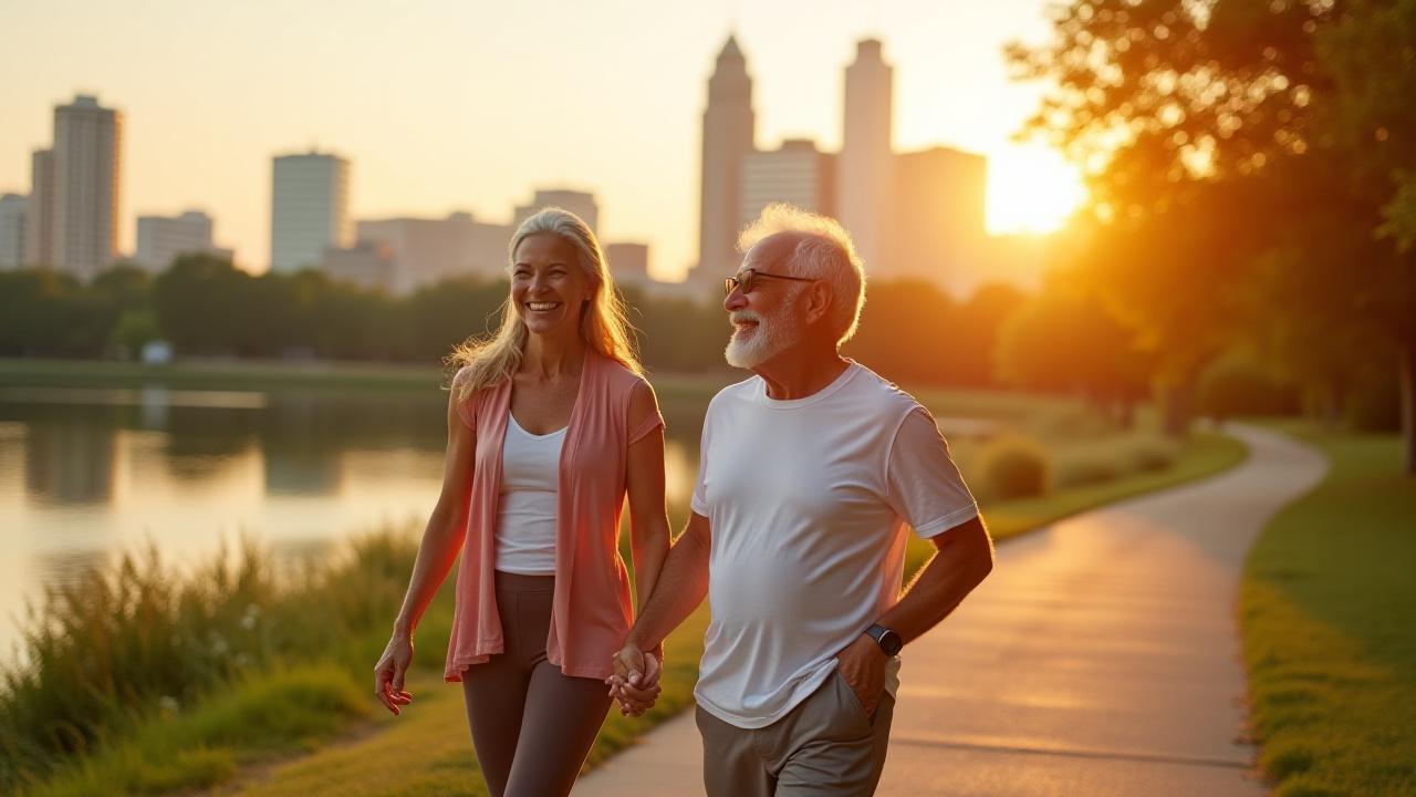 Happy, active senior couple walking hand-in-hand near Lady Bird Lake in Austin, with the city skyline in the background, enjoying a beautiful sunny day.