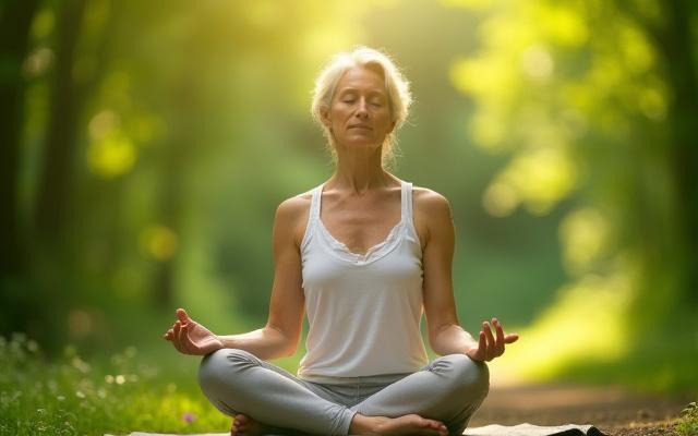 A serene woman over 40 practicing mindful meditation in a sunlit natural environment, embodying peace and focus.