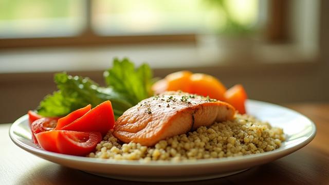 A balanced meal with fresh vegetables, lean protein, and whole grains, prepared mindfully.