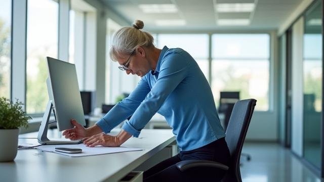 An active adult gently stretching at their desk, illustrating simple movements to relieve tension.