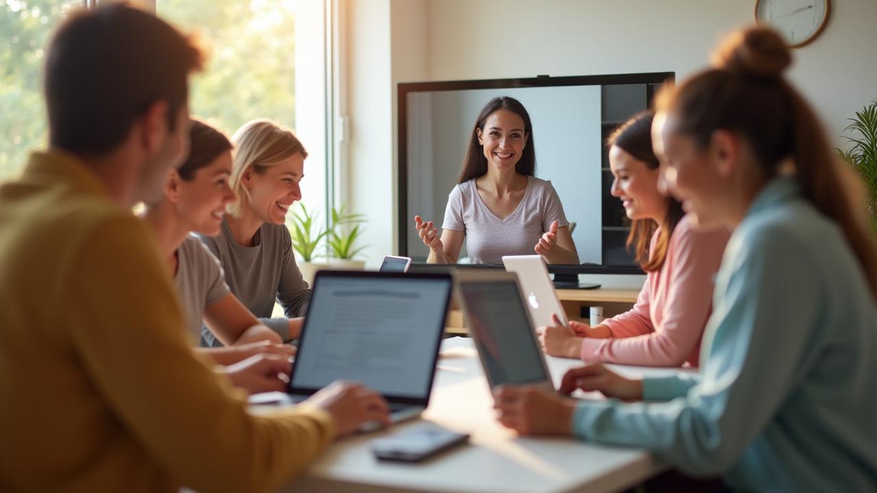 Diverse group of adults (35+) engaging in an online wellness workshop, smiling, taking notes, with a friendly expert presenting on screen